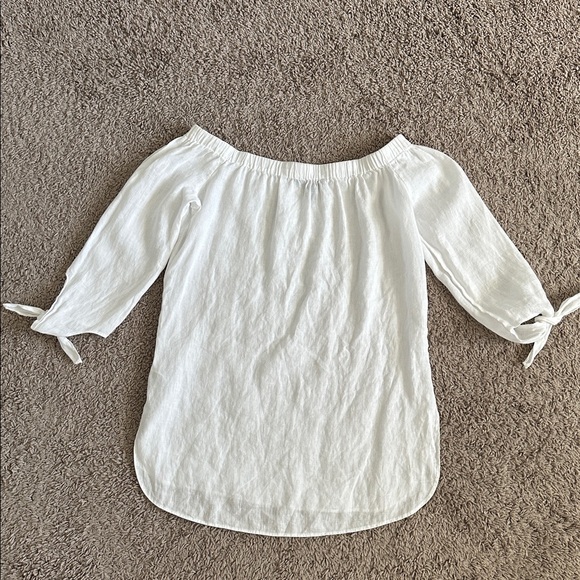 SAKS FIFTH AVENUE White 100% linen Off-Shoulder Blouse - Picture 3 of 9